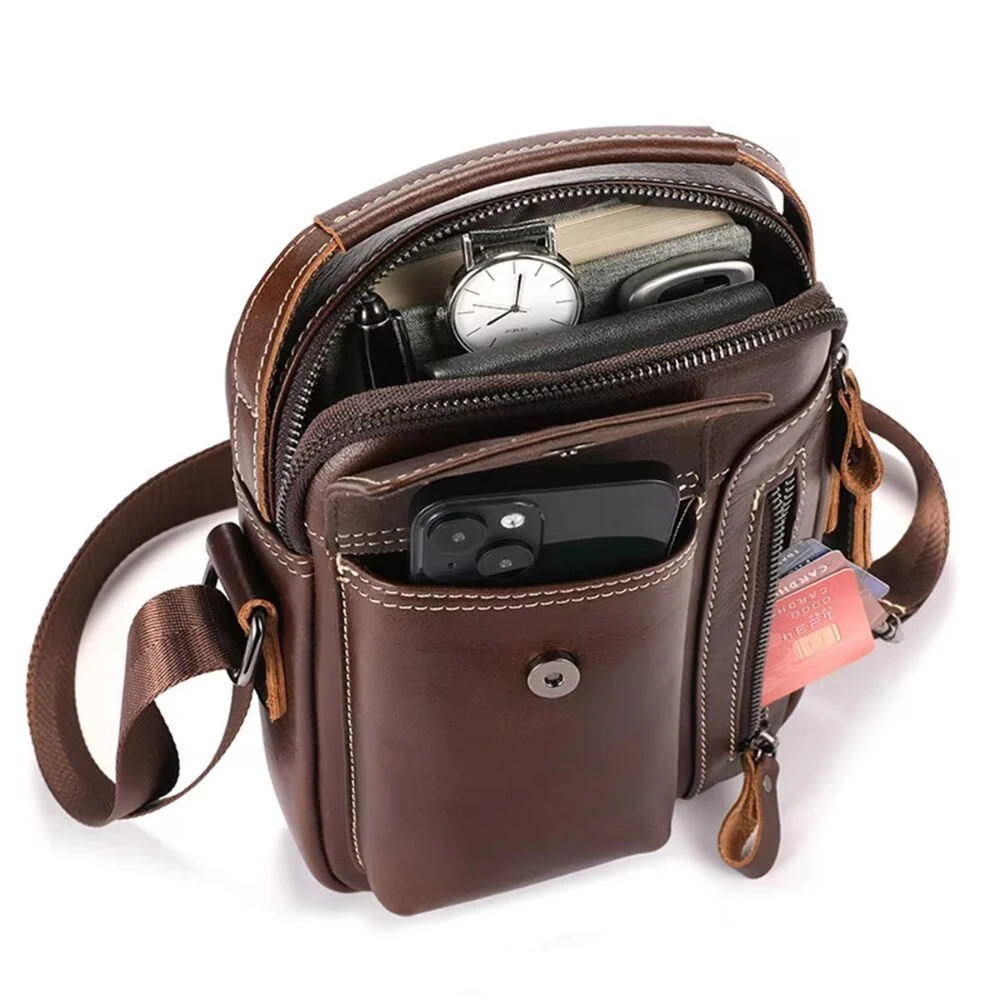 (image for) BULLCAPTAIN Genuine Leather Business Messenger Bag Retro Mini Vintage Shoulder Bag Crossbody Bag for Men Multi-functional Leather Mobile Phone Bags